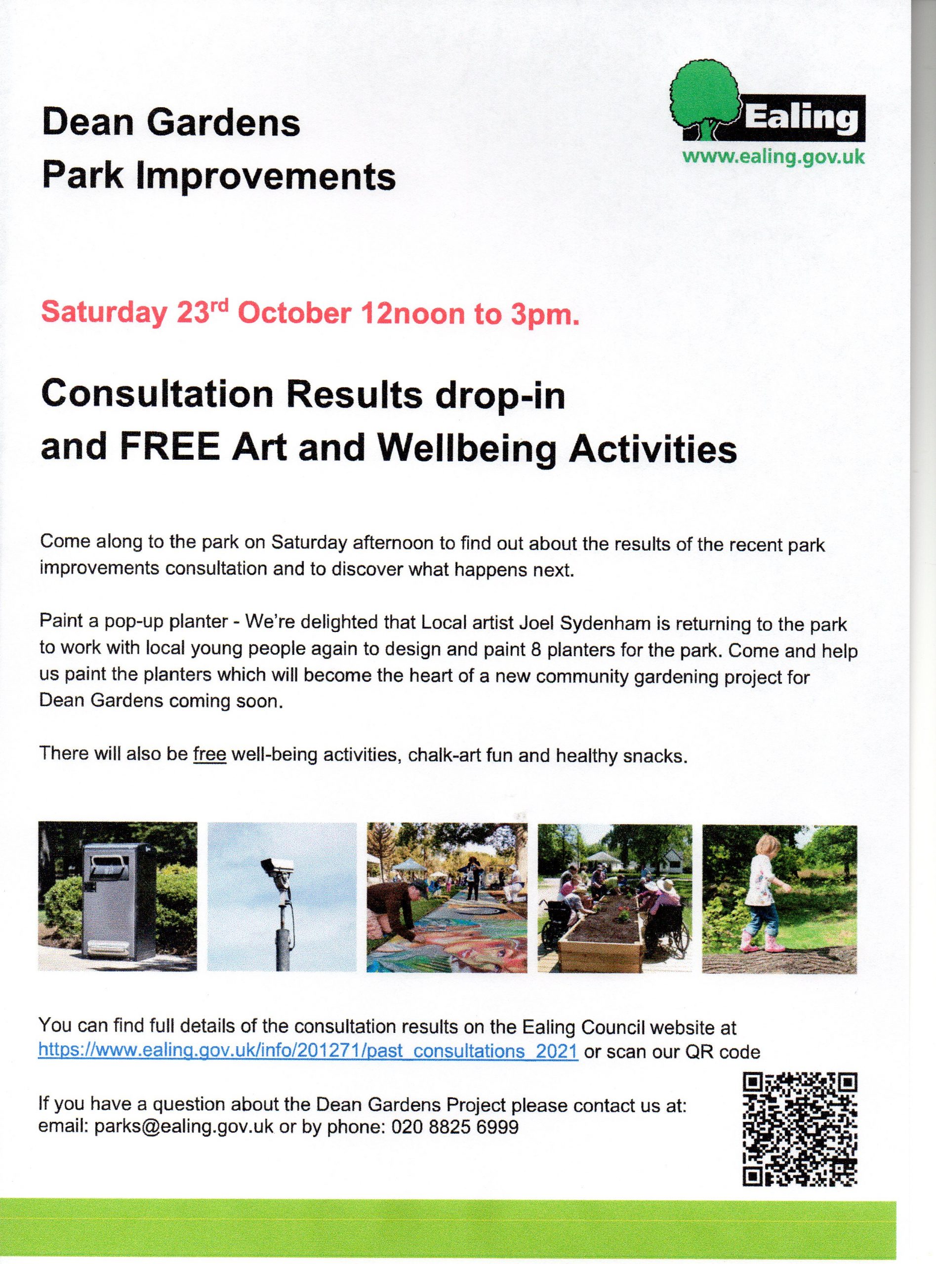 Dean Gardens consultation results and free art and well being activities Saturday 23rd October 12noon